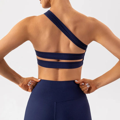 One Shoulder Sexy Sports Bra Women Gym Top Ribbing