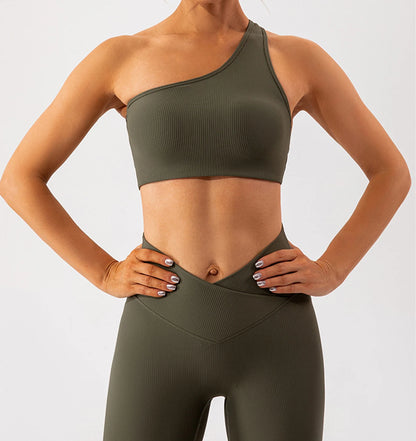One Shoulder Sexy Sports Bra Women Gym Top Ribbing
