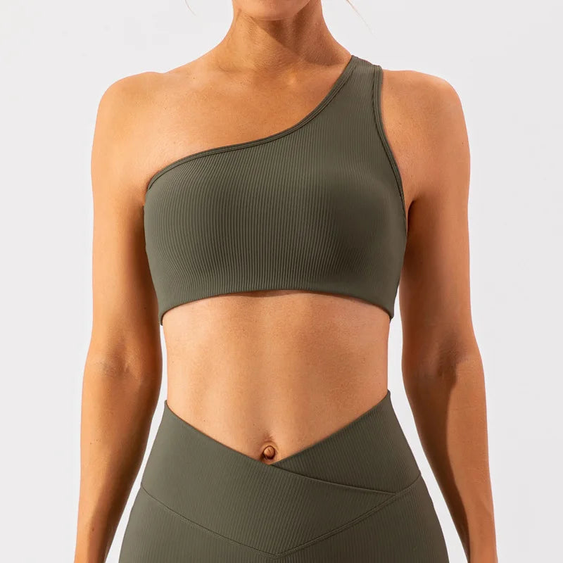 One Shoulder Sexy Sports Bra Women Gym Top Ribbing