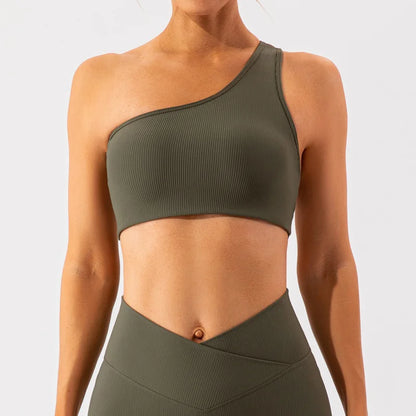 One Shoulder Sexy Sports Bra Women Gym Top Ribbing