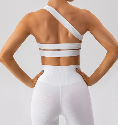 One Shoulder Sexy Sports Bra Women Gym Top Ribbing
