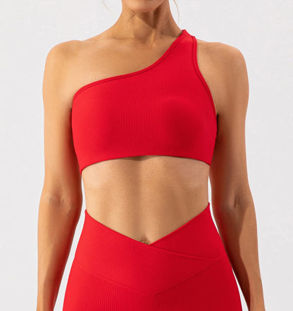 One Shoulder Sexy Sports Bra Women Gym Top Ribbing