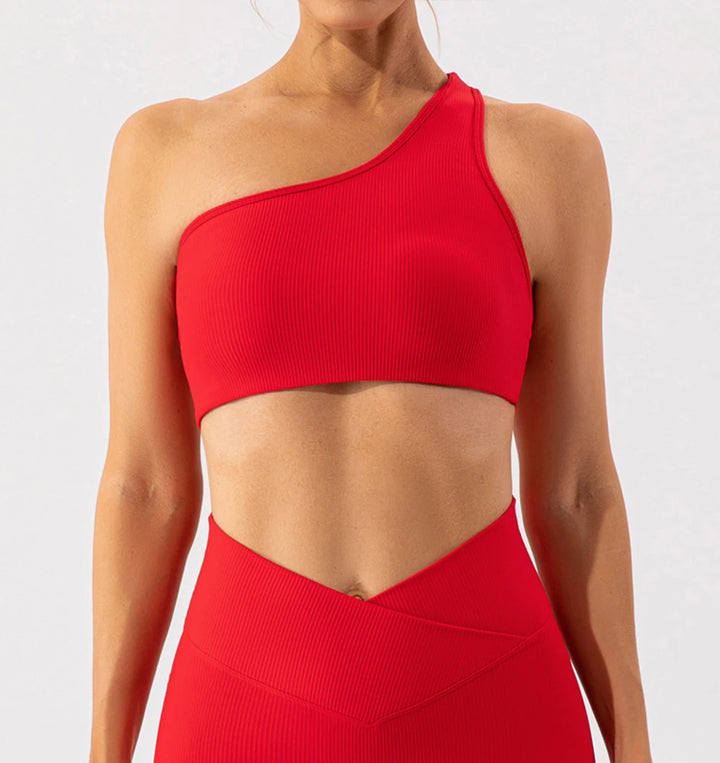 One Shoulder Sexy Sports Bra Women Gym Top Ribbing